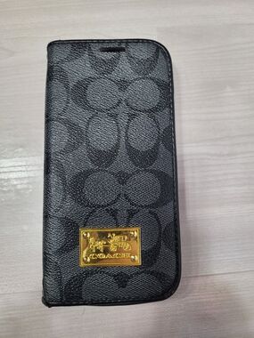 Coach Black Signature Canvas Gold Plaque Folio Phone Case